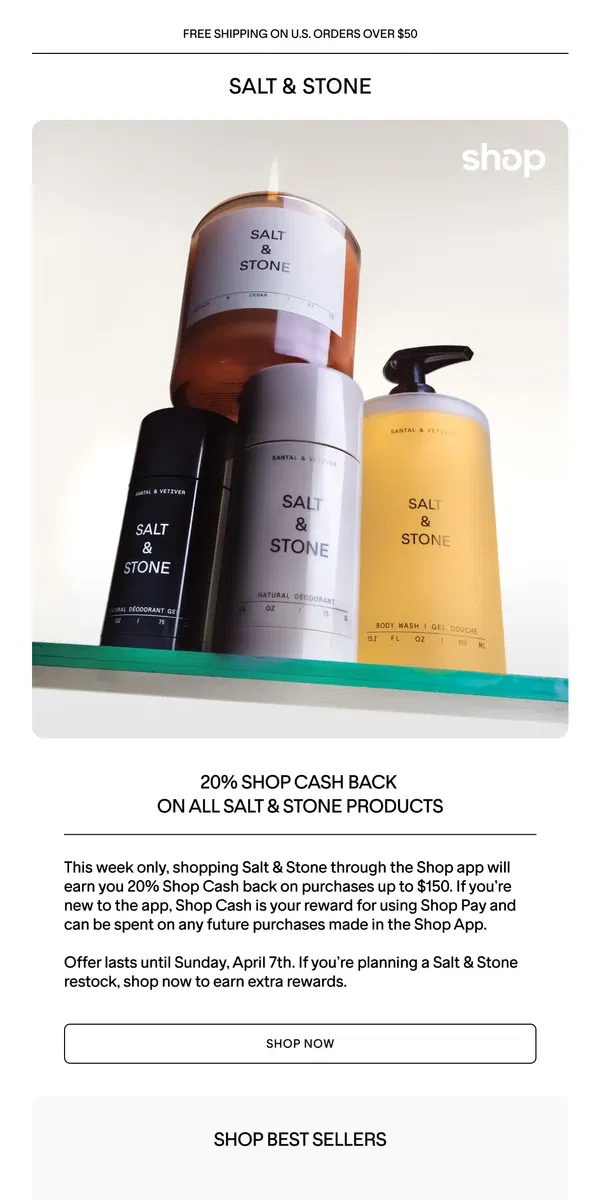 Email from SALT & STONE. Want 20% Shop Cash While You Shop?