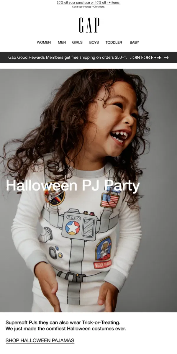 Email from GAP. From bedtime to party time