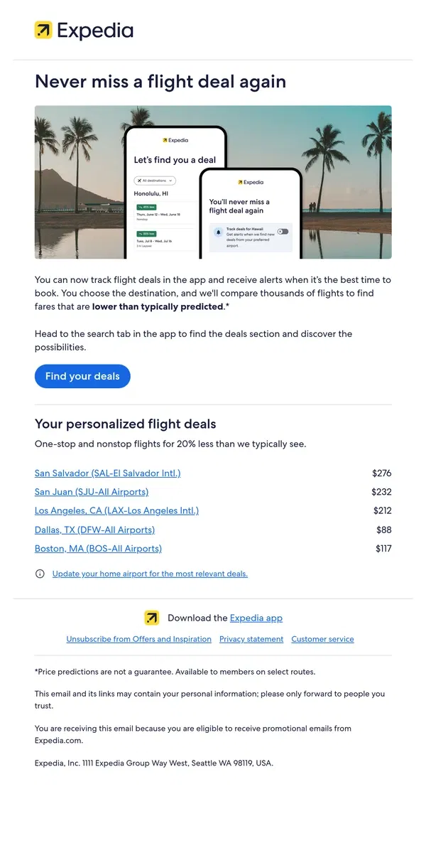 Email from Expedia. Don't miss another flight deal