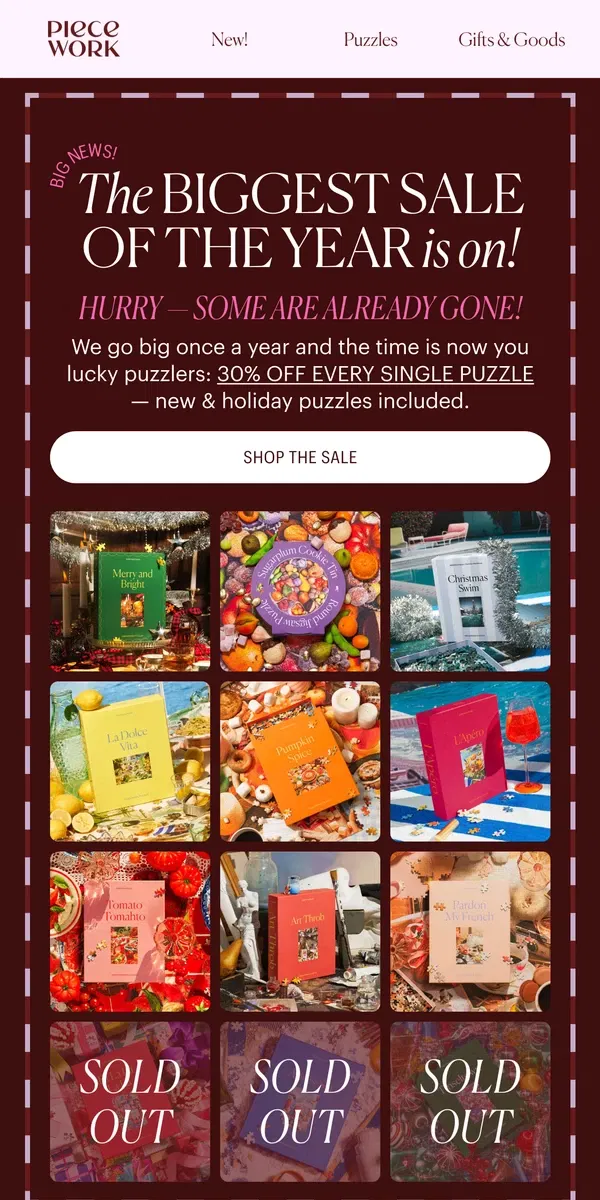 Email from Piecework Puzzles. Going like hotcakes! ✨