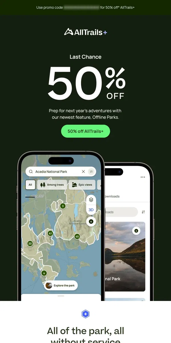 Email from AllTrails. Last day: 50% off AllTrails+