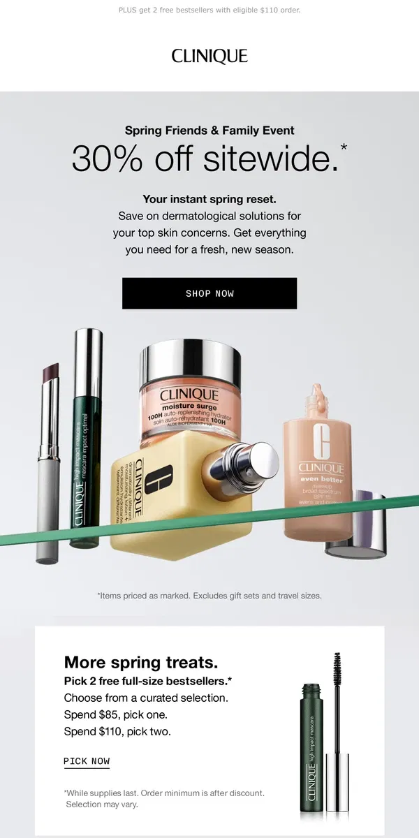 Email from Clinique. Spring into your best skin 🤩  Enjoy 30% off sitewide!