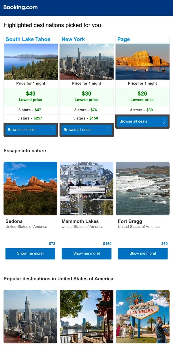 Email from Booking.com. South Lake Tahoe or New York – which has the best price?