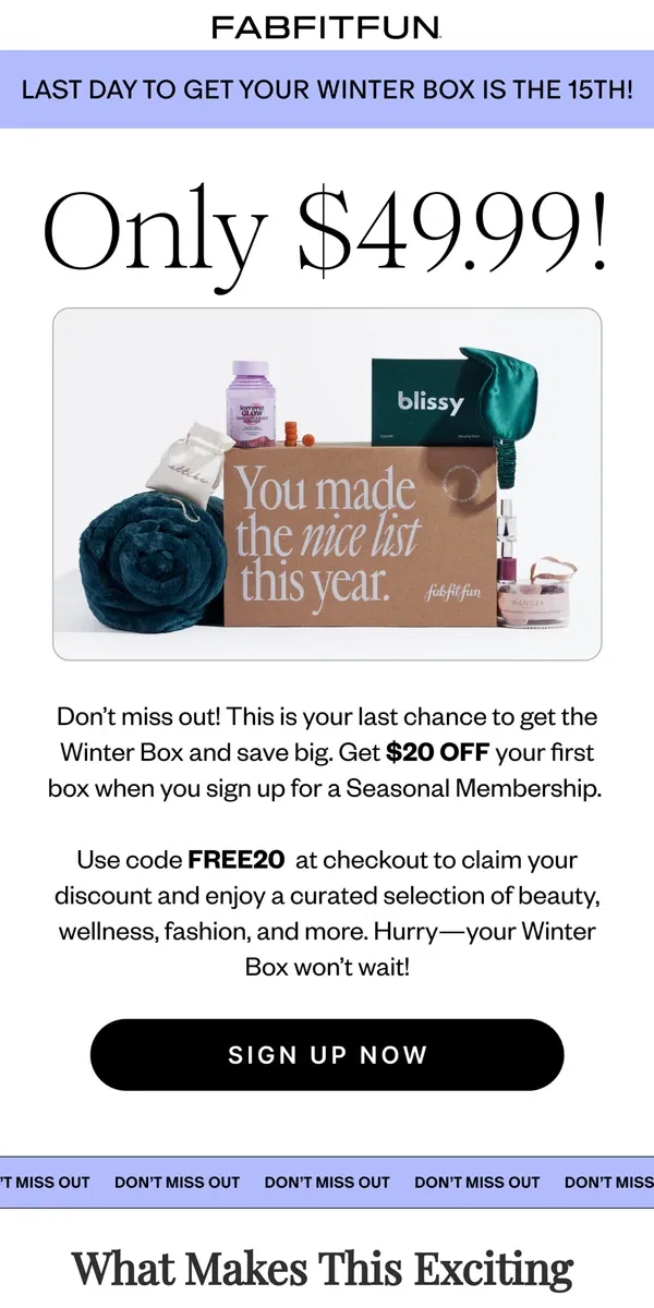 Email from FabFitFun. $20 Off + The Winter Box = Your Perfect Match