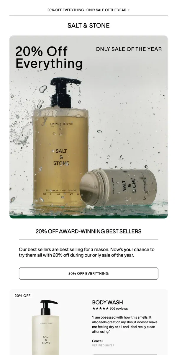 Email from SALT & STONE. 20% Off Award-Winning Best Sellers 🔥