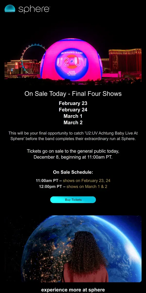 Email from Sphere. Final Four U2:UV Dates Are On Sale Today!