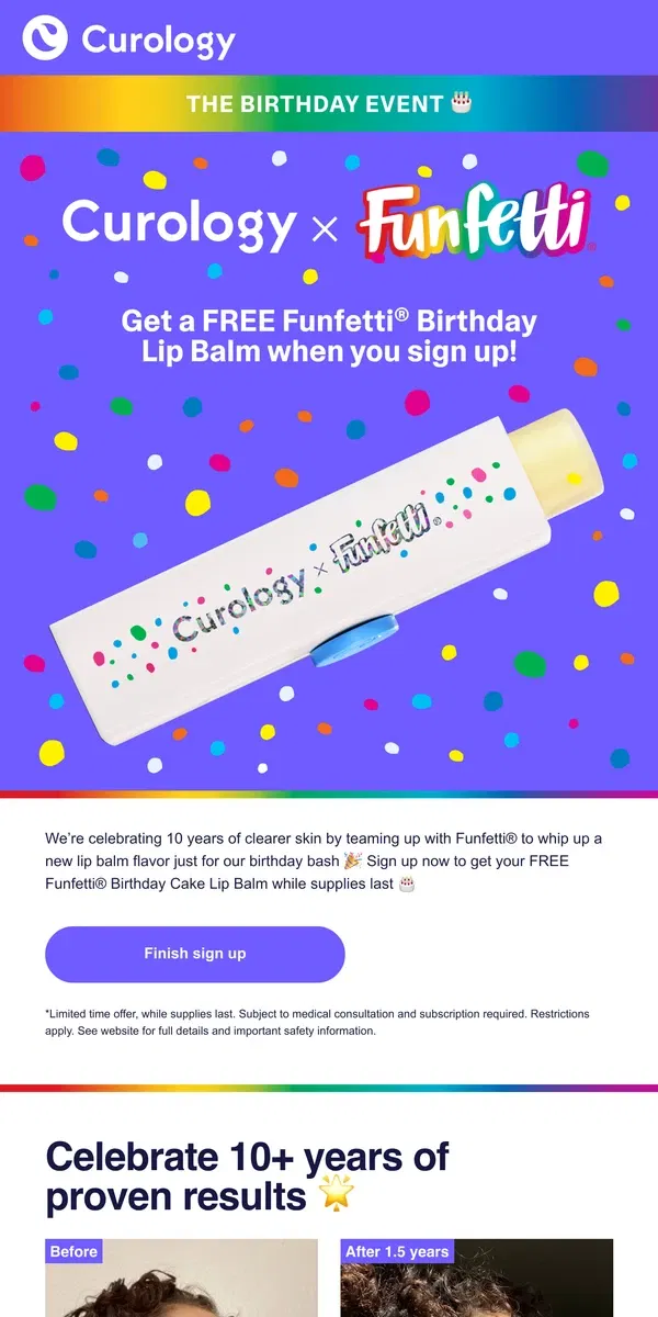 Email from Curology. 🎉🎂Get a FREE limited edition Funfetti® Birthday Cake Lip Balm