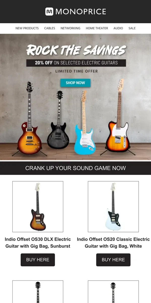 Email from Monoprice. Musicians, Take Note: These Guitars Are On SALE! 🎸