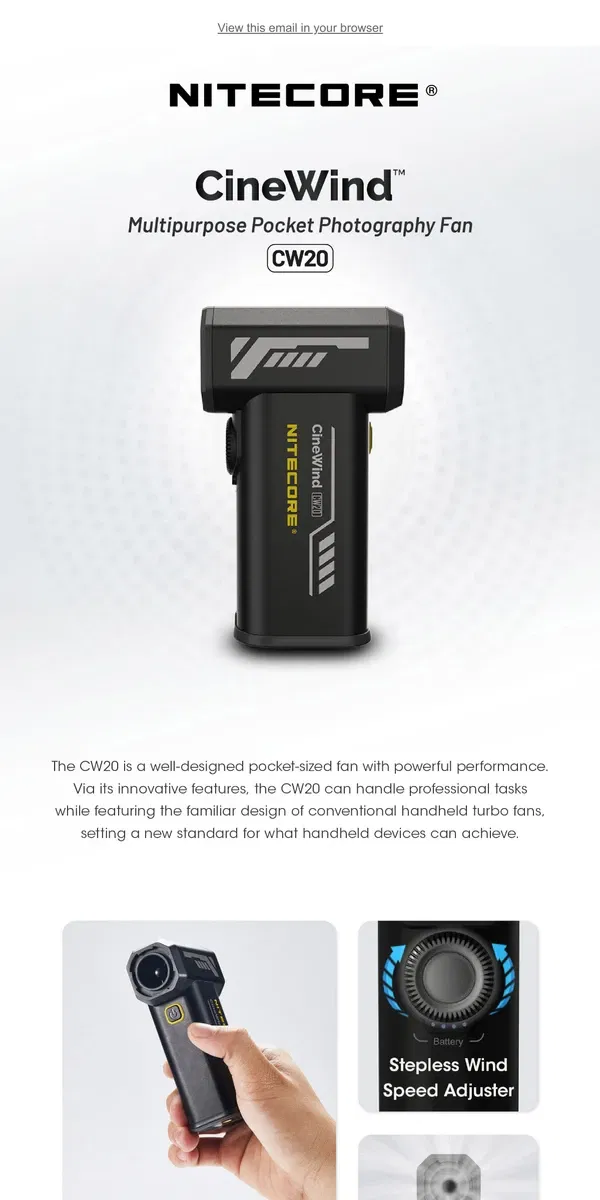 Email from NITECORE. NITECORE CW20 – Multipurpose Pocket Photography Fan