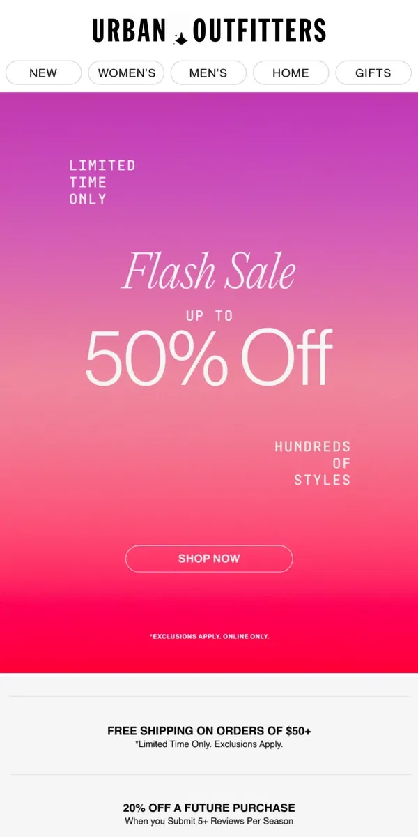 Email from Urban Outfitters. Flash Sale 🤑 Up to 50% Off!