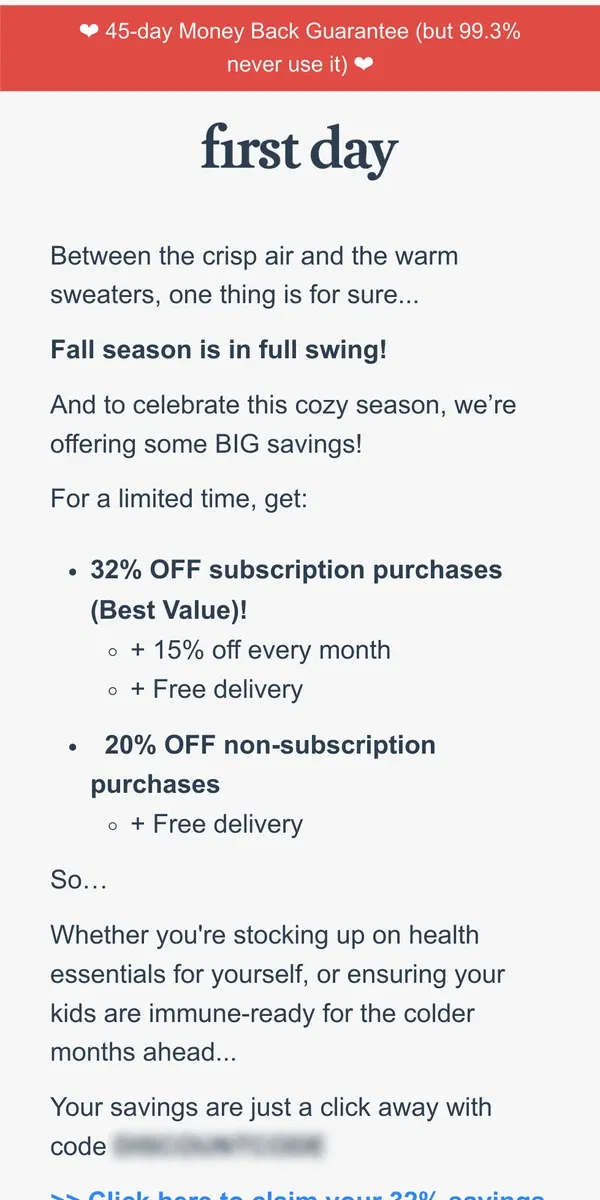 Email from First Day. 🍂 Fall Savings: Get 32% OFF