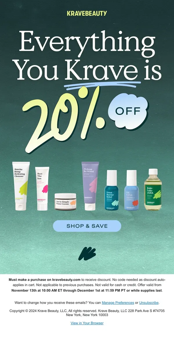 Email from KraveBeauty. 20% Off — Yours Now 💚