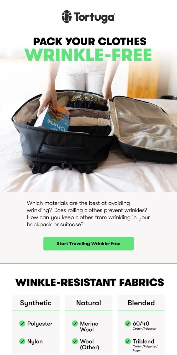 Email from Tortuga Backpacks. Does rolling clothes prevent wrinkles?