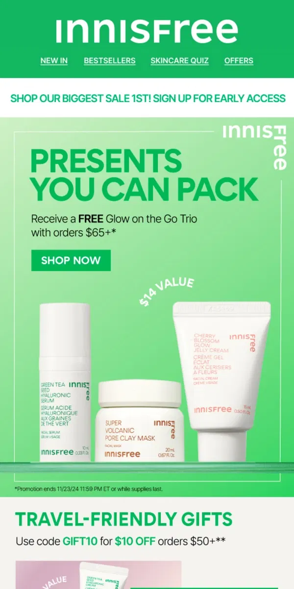 Email from innisfree. FREE Glow on the Go Set!