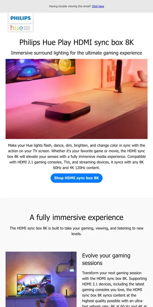 Email from Philips Hue. Introducing the Philips Hue Play HDMI sync box 8K