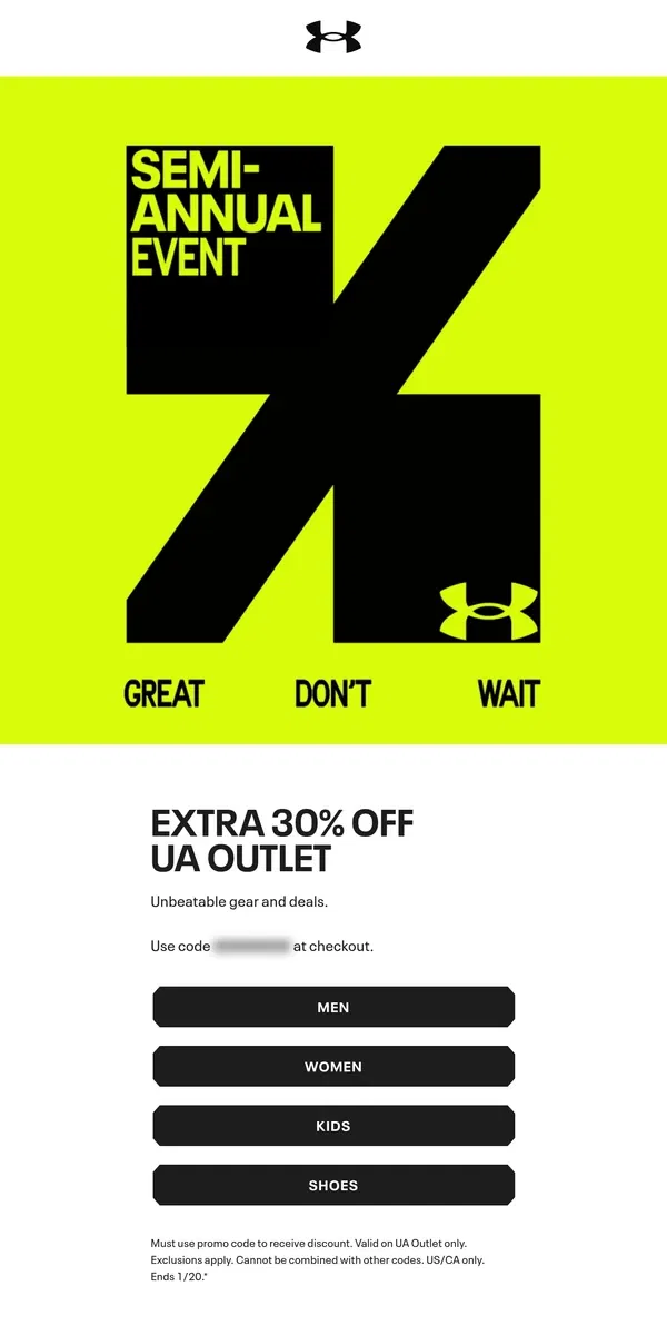 Email from Under Armour. STARTS NOW: Extra 30% off UA Outlet