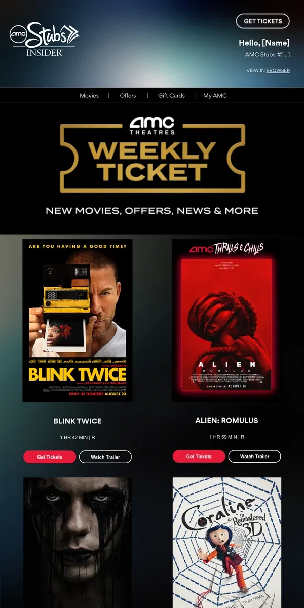 Email from AMC Theatres. [Name], Your Weekly Ticket Is Here