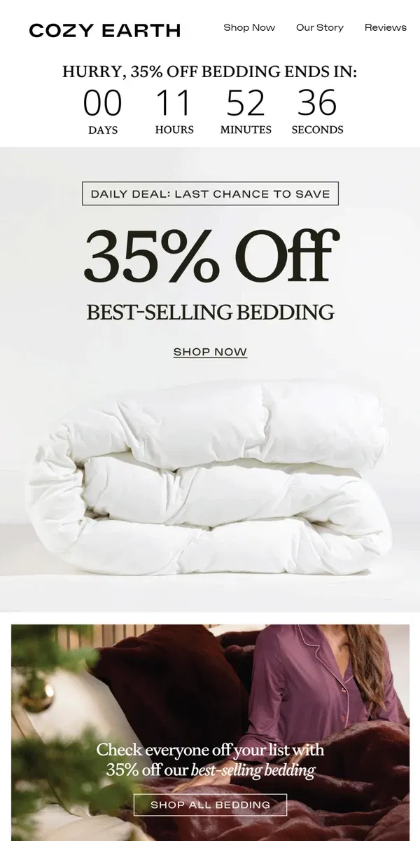 Email from Cozy Earth. LAST CHANCE: All Bedding 35% Off ⏳