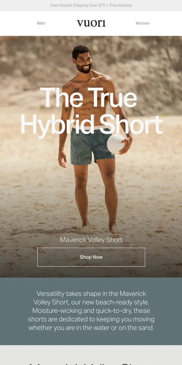 Email from Vuori. Maverick Volley Short: Our new beach-ready style