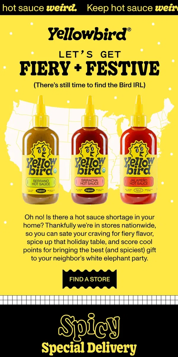 Email from Yellowbird. Fiery flavor is closer than you think 🔥