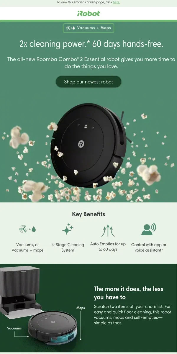 Email from iRobot. Available Now: the NEW Roomba Combo® 2 Essential robot