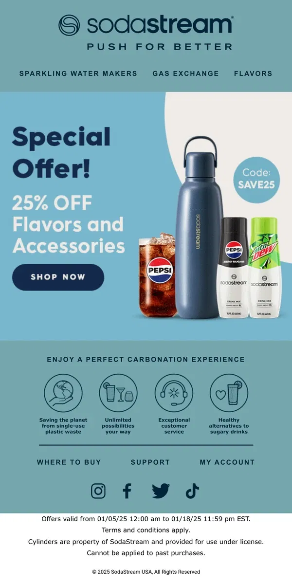 Email from SodaStream. Get 25% Off Flavor and Accessories