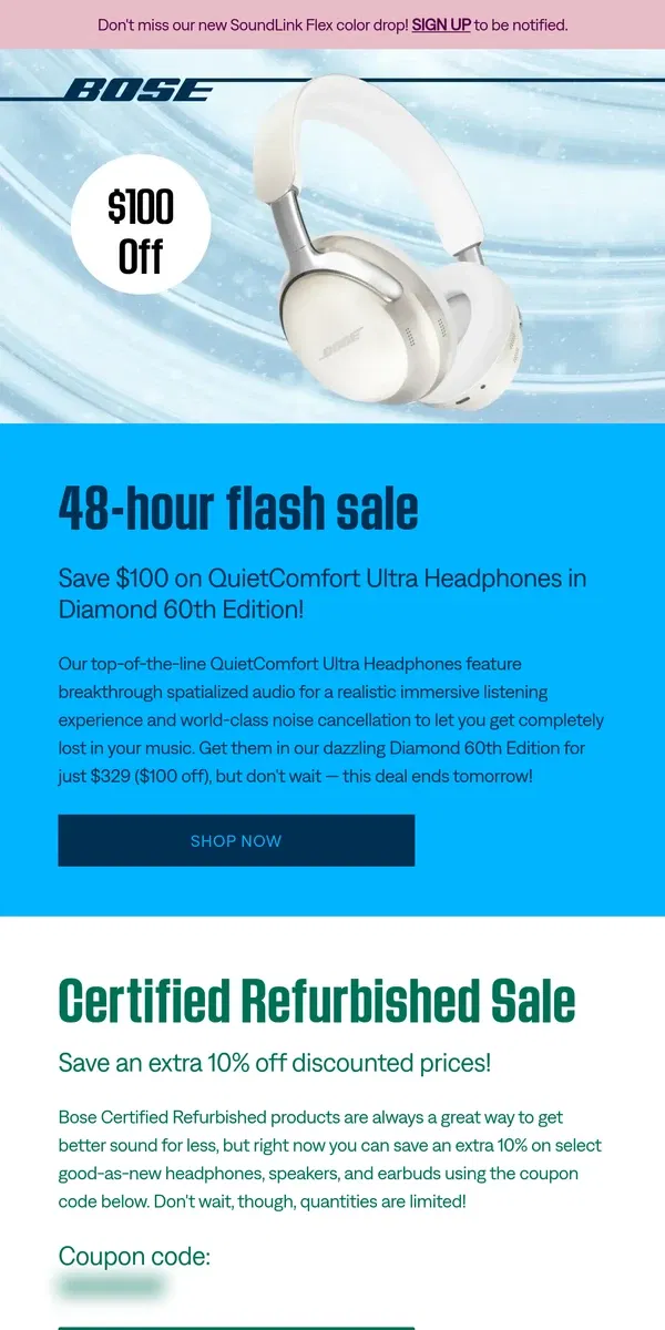 Email from Bose. 48-hour sale: save $100 on QC Ultra Headphones!