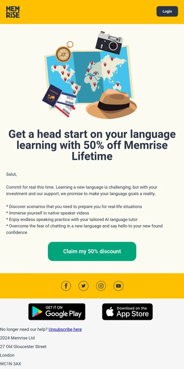 Email from Memrise. Commit to learning a language - 50% off Memrise Lifetime (24 hours only)