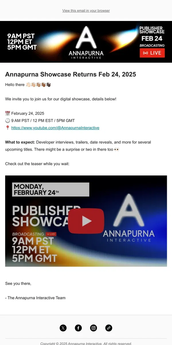 Email from Annapurna Interactive. Annapurna Showcase Announced for Feb 24, 2025