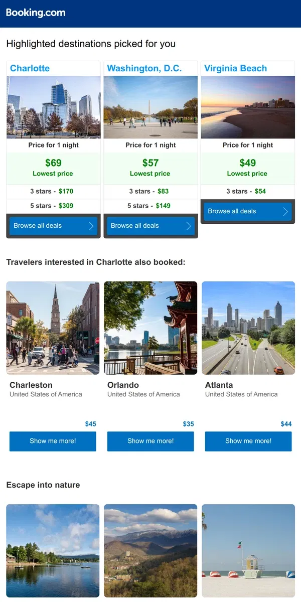 Email from Booking.com. Charlotte & Washington, D.C.: Updating you on prices, info, and more