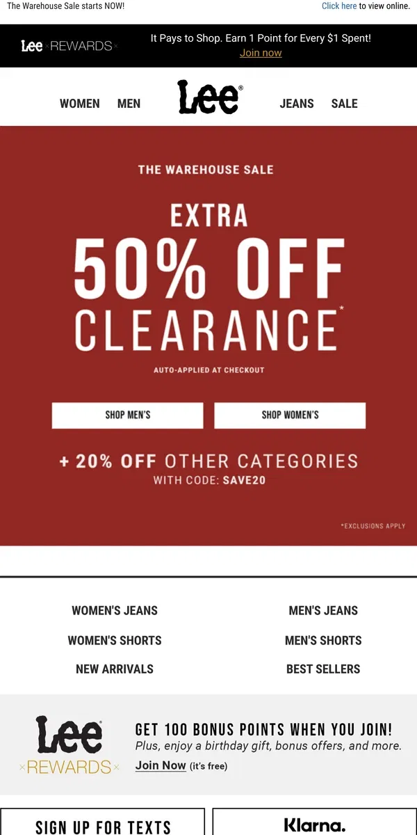 Email from Lee. EXTRA 50% Off Clearance