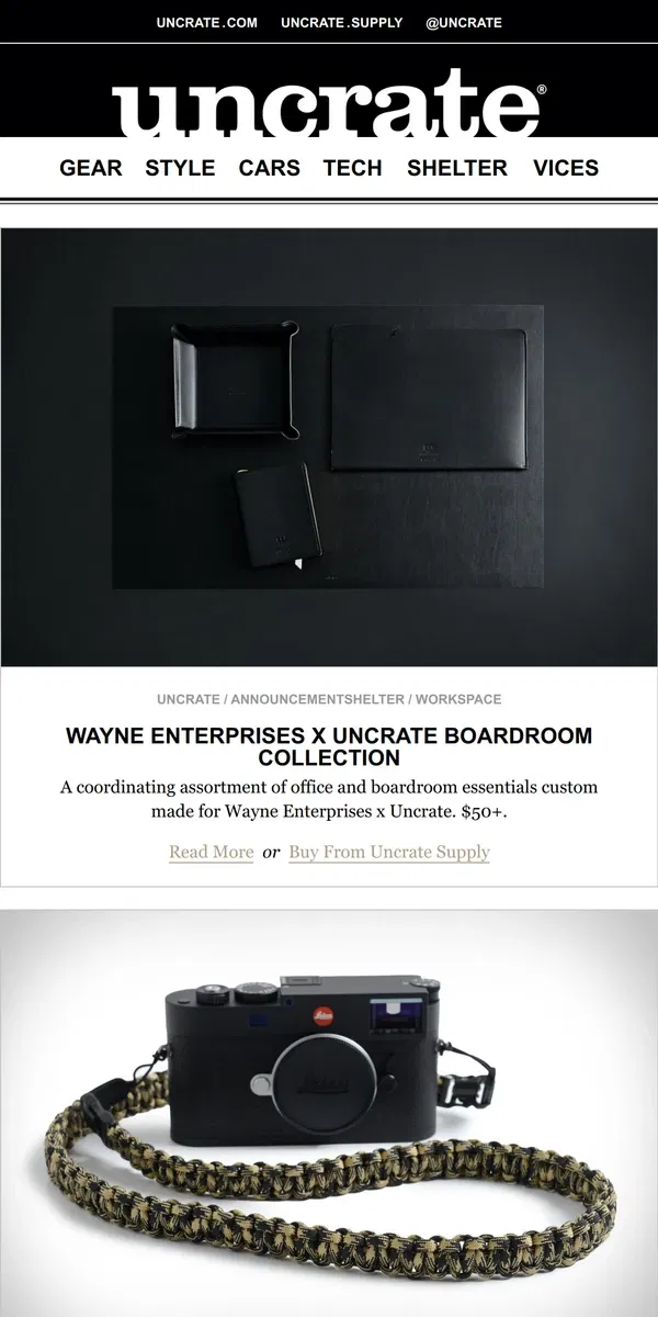 Email from Uncrate. Wayne Enterprises x Uncrate Boardroom Collection & more