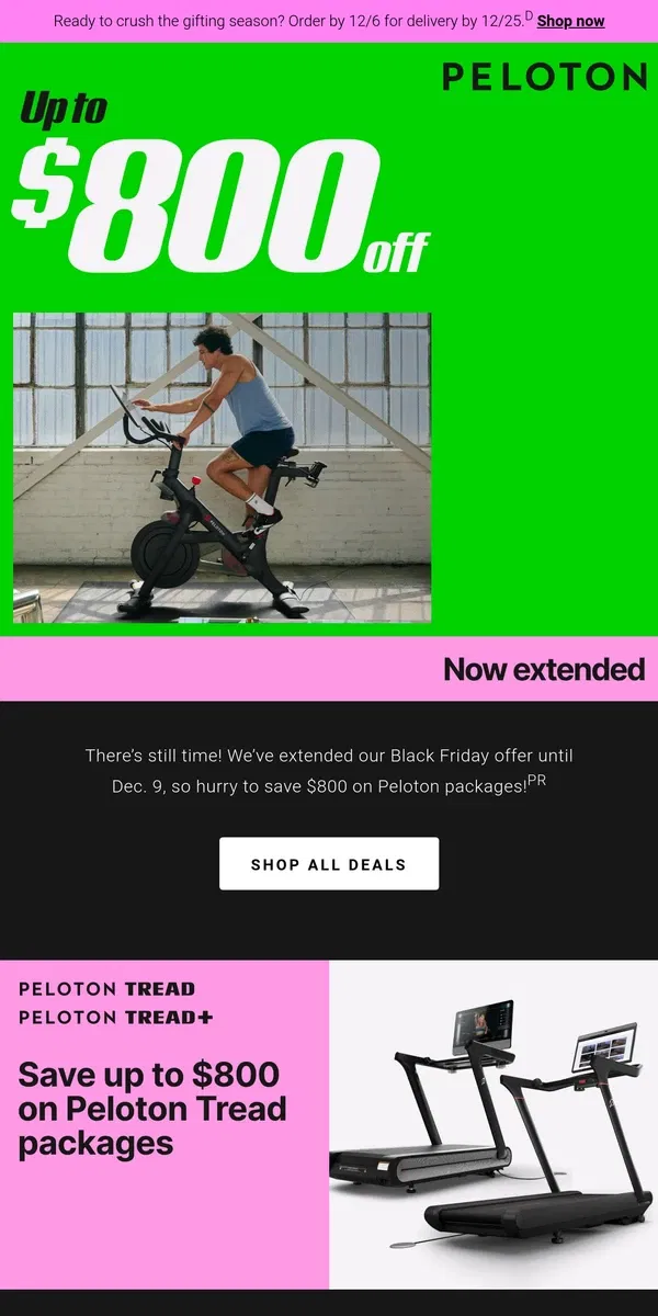 Email from Peloton. Now extended! Get up to $800 off