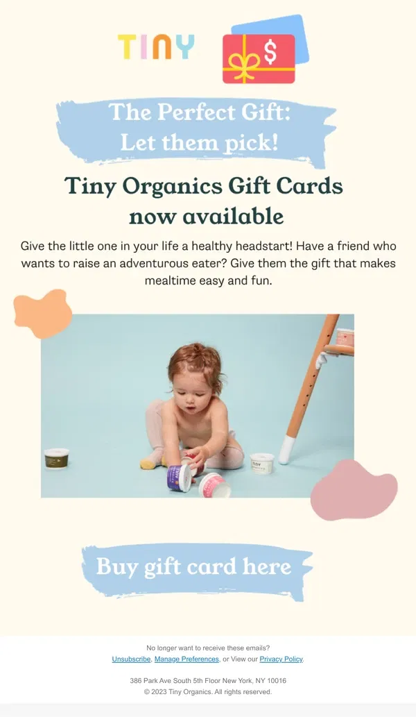 Email from Tiny Organics. Tiny Organics Gift Cards now available 🎁