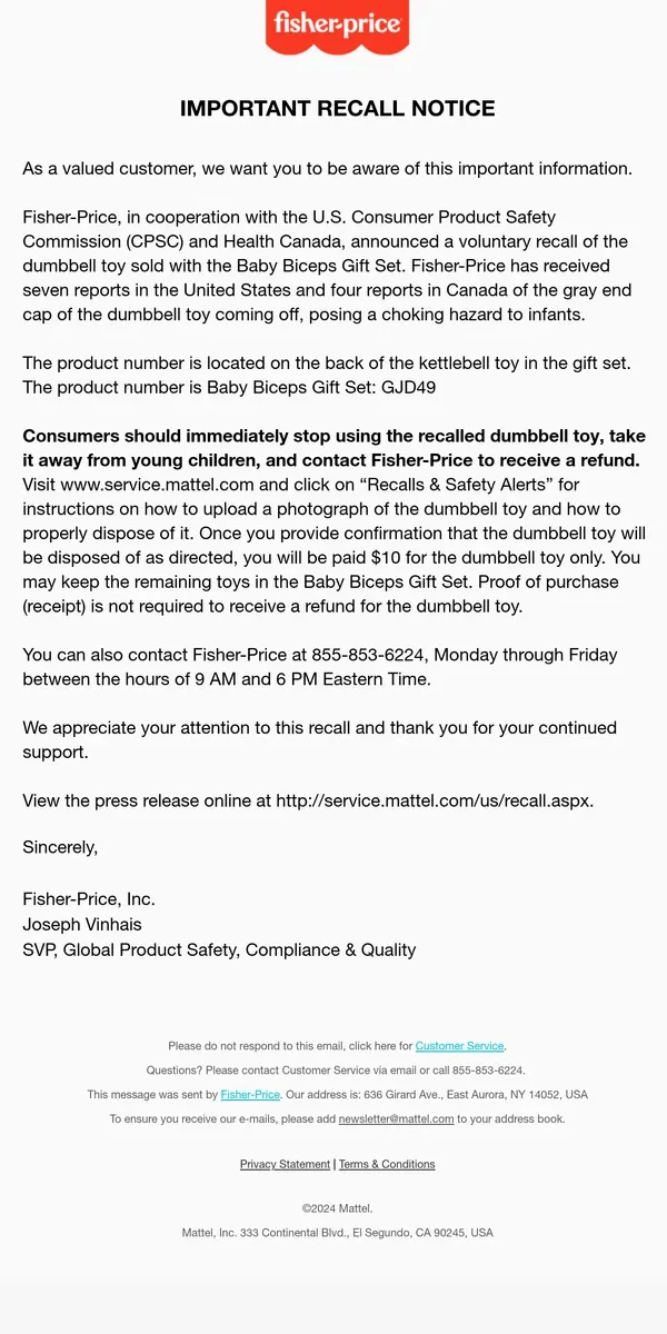 Email from Mattel Store. IMPORTANT RECALL NOTICE