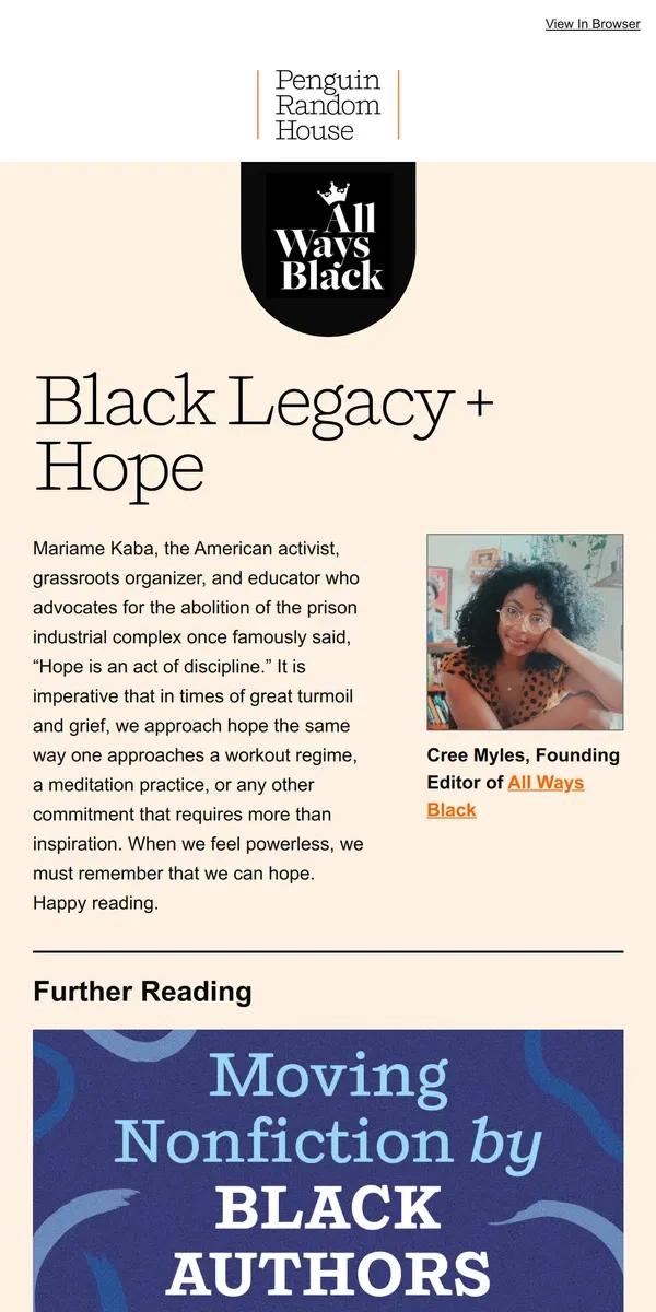 Email from Penguin Random House. Finding Hope With All Ways Black