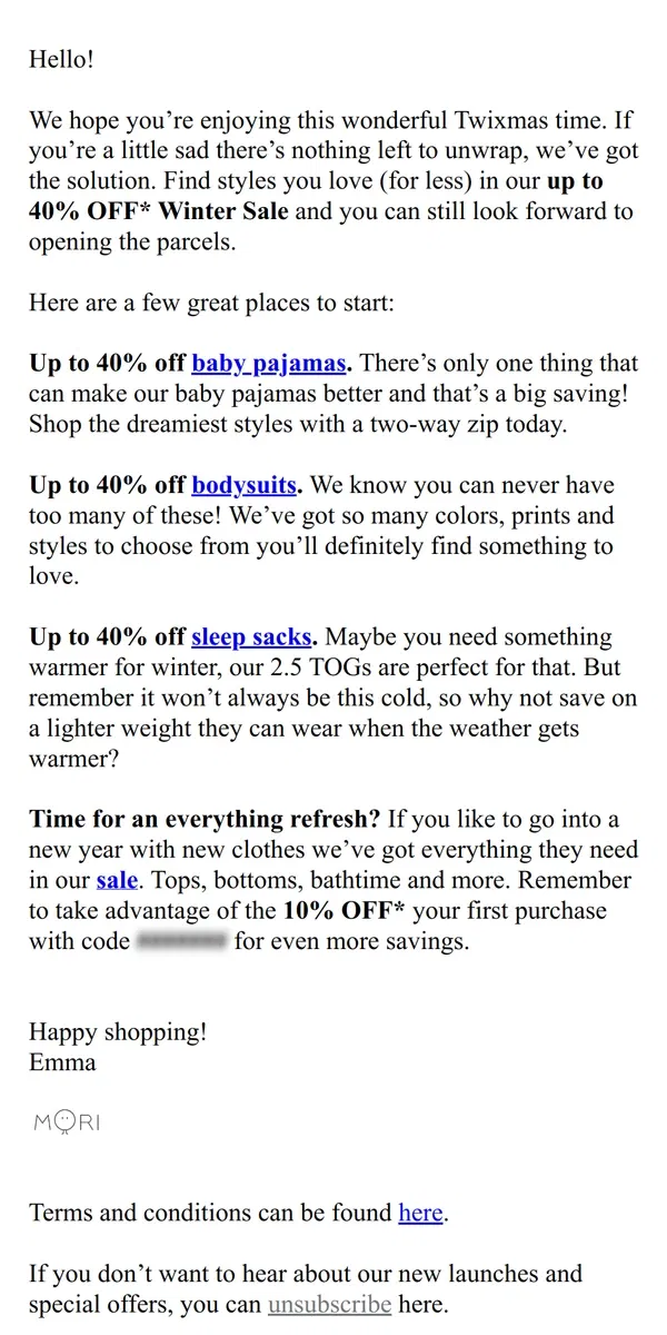 Email from MORI. Our up to 40% off sale made simple