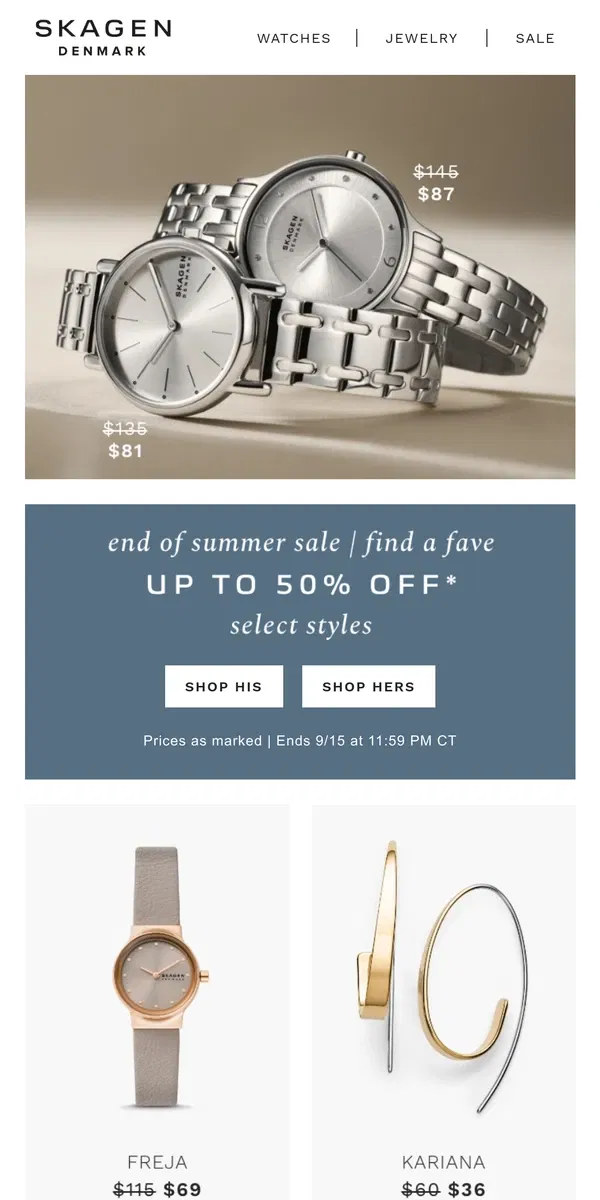 Email from Skagen. find sale styles before they sell out.