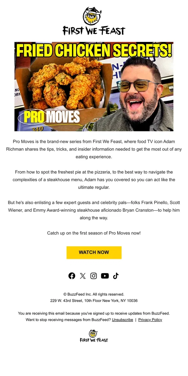 Email from First We Feast. 🍕🥩🍣 Catch Up on Pro Moves with Adam Richman