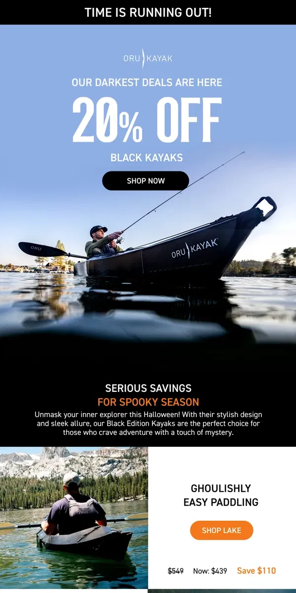 Email from Oru Kayak. 20% OFF | Sleek, Dark, Ready to Embark 🖤