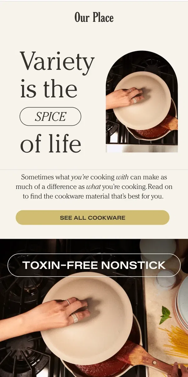 Email from Our Place. Which cookware material is best for you?