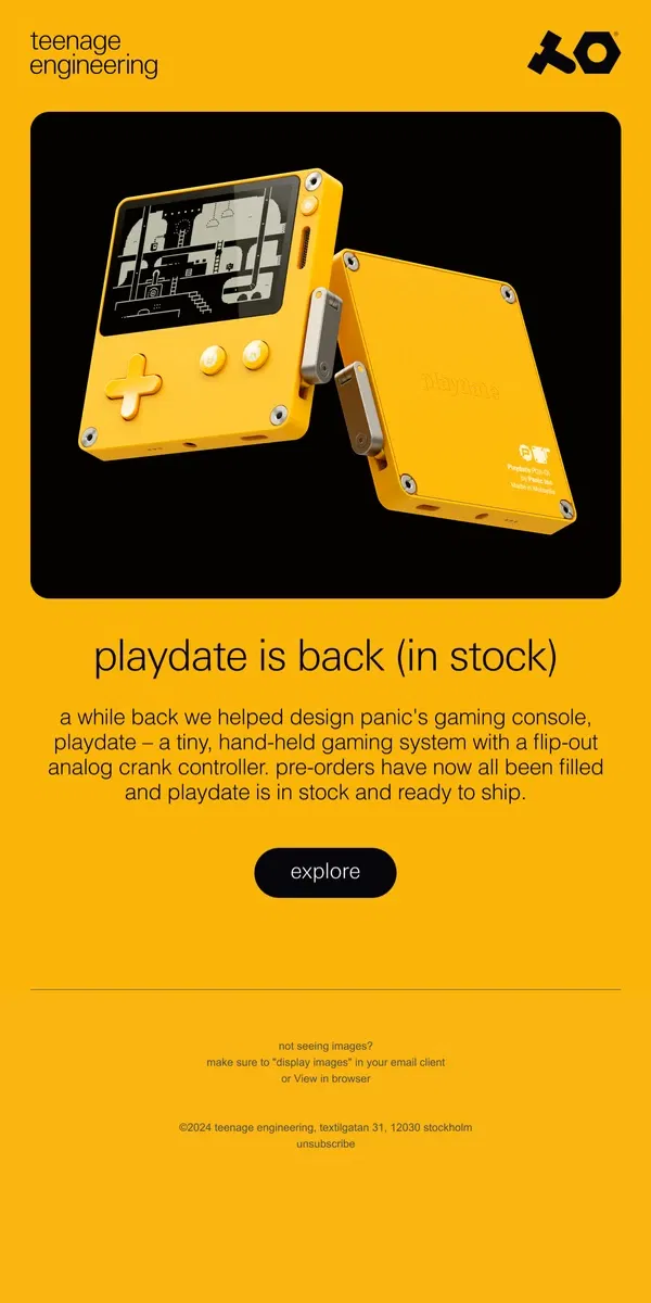 Email from teenage engineering. playdate is back (in stock)