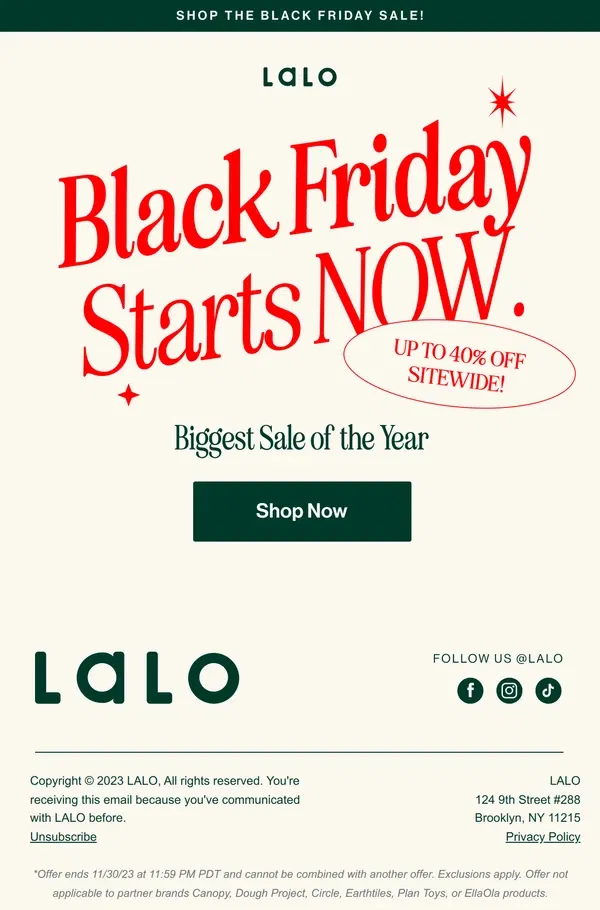 Email from Lalo. Black Friday Starts NOW!