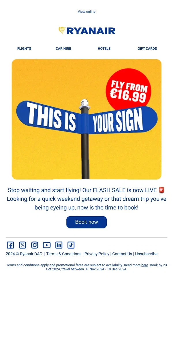 Email from Ryanair. Flash sale now on! 🥳