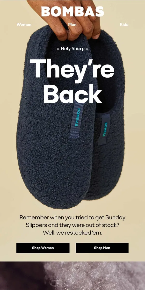 Email from Bombas. Back in Stock: Sunday Slippers