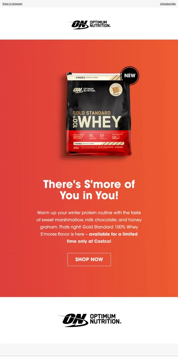 Email from Optimum Nutrition. NEW S’mores Gold Standard 100% Whey! 🤤