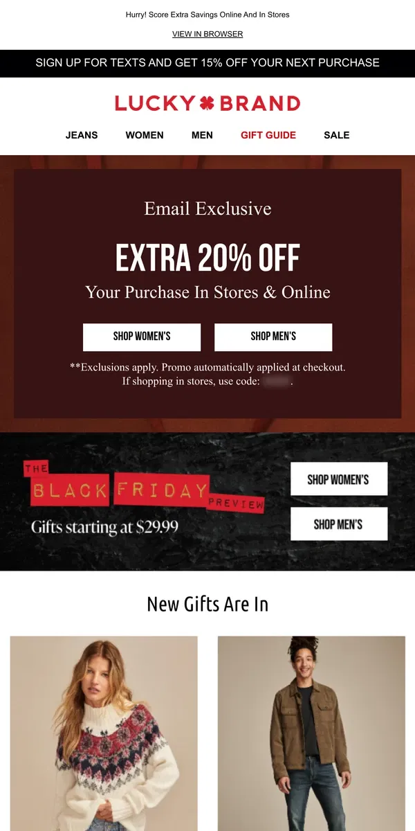 Email from Lucky Brand. ENDS TOMORROW! Extra 20% Off, Plus Gifts From $29.99 Inside