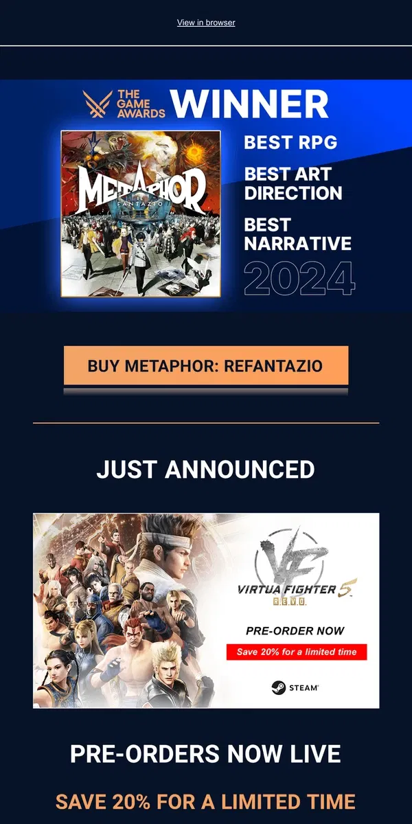 Email from SEGA. The Game Awards Recap – New Games Announced + Metaphor: ReFantazio Takes Home 3 Awards!