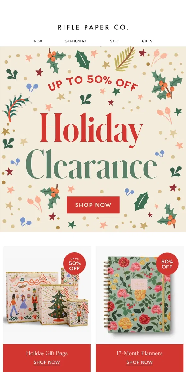 Email from Rifle Paper Co.. Holiday Clearance Ends Tomorrow 🎄