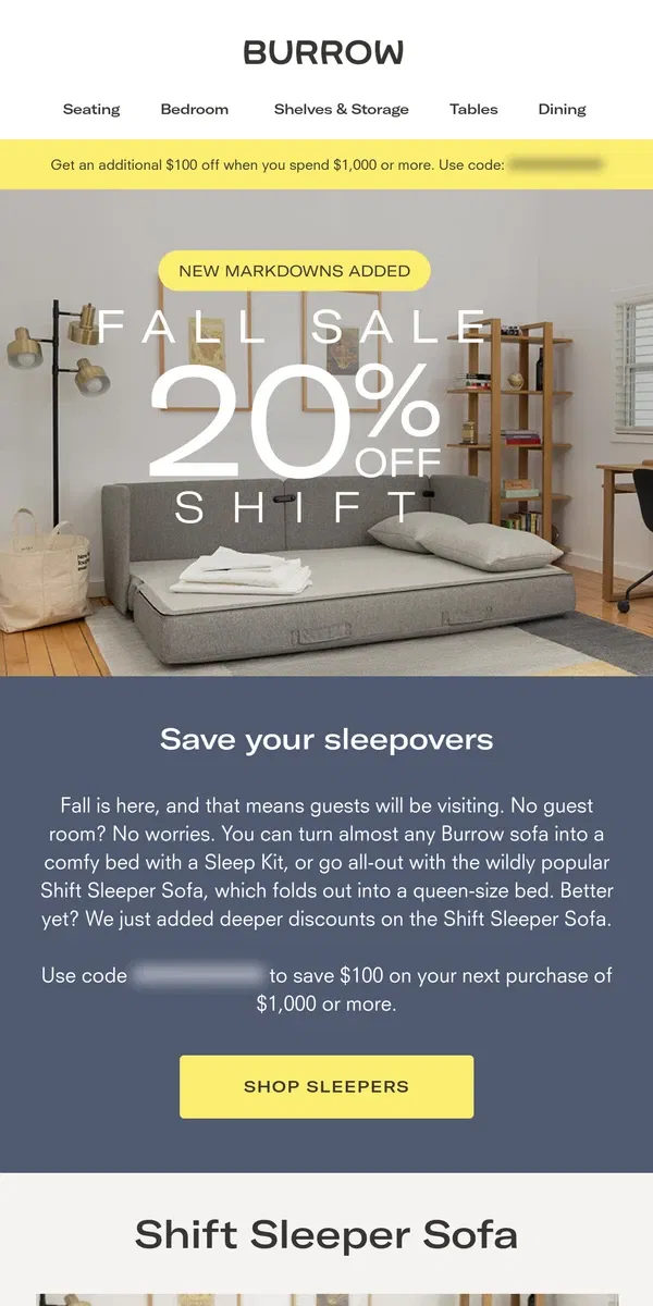 Email from Burrow. Take 20% off our sleeper sofa